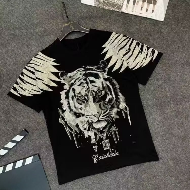 Men's Tiger Head Wings Rhinestone T-shirt