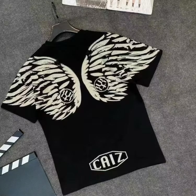 Men's Tiger Head Wings Rhinestone T-shirt