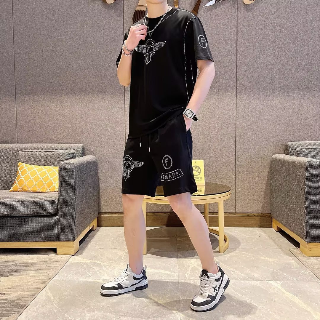 Men's Black Casual Short-Sleeve and Shorts Set