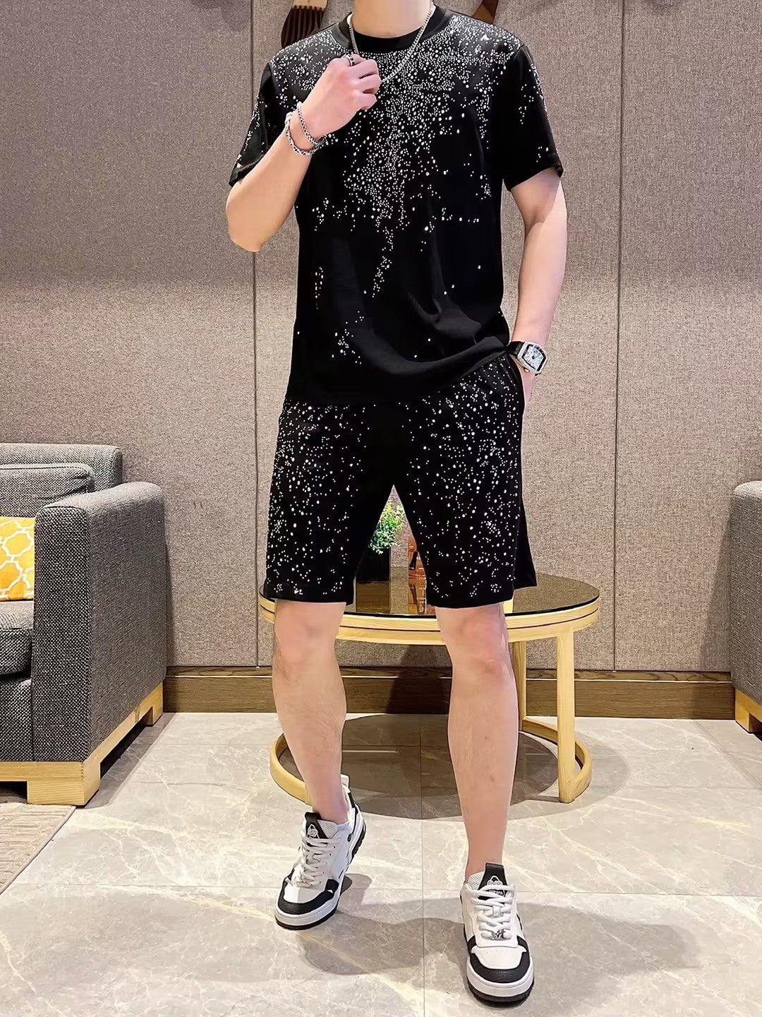 Men's Black Casual Rhinestone Short-Sleeve and Shorts Set