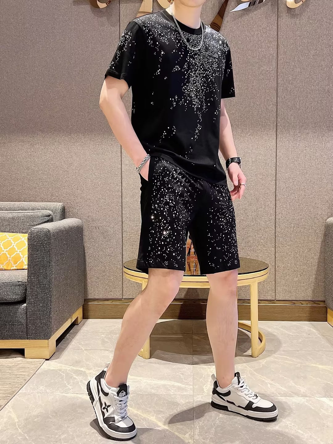 Men's Black Casual Rhinestone Short-Sleeve and Shorts Set