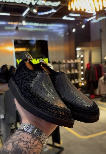 Men's leather patchwork woven mesh slip-on shoes