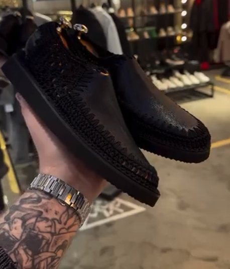 Men's leather patchwork woven mesh slip-on shoes