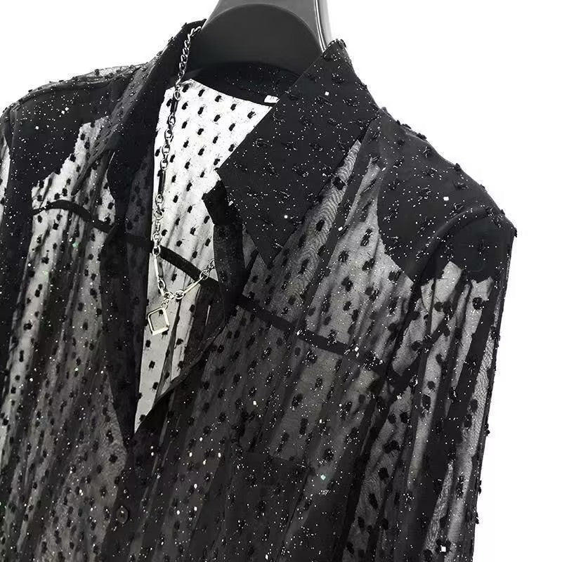 Men's sequined cutout see-through shirt