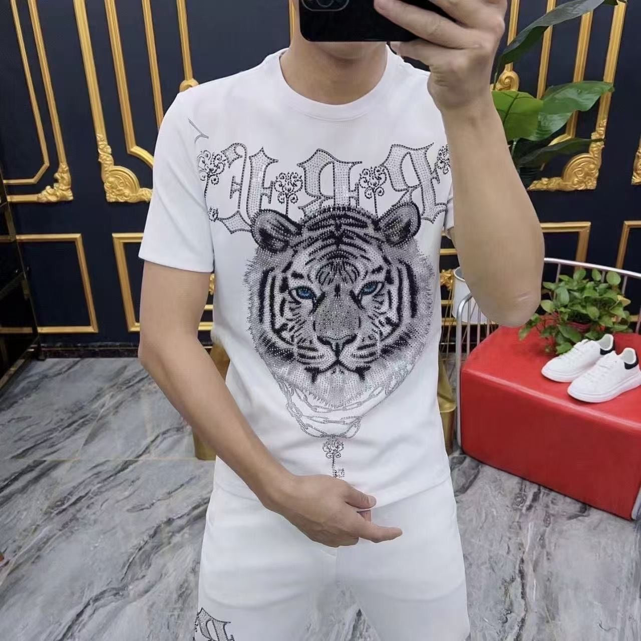 Men's Tiger Head Rhinestone T-shirt