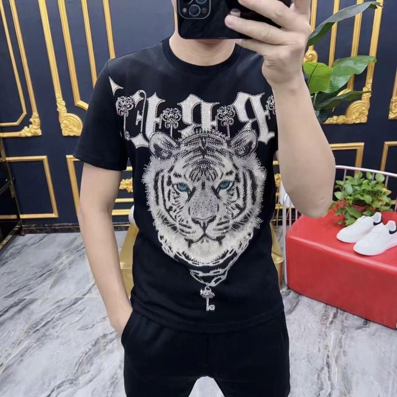 Men's Tiger Head Rhinestone T-shirt