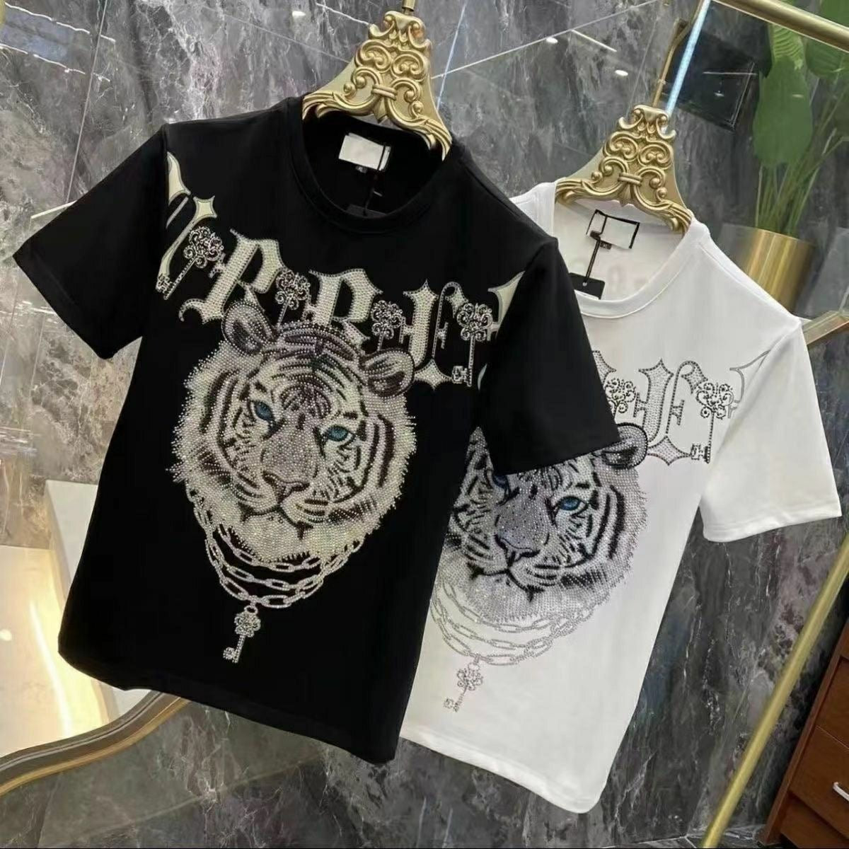 Men's Tiger Head Rhinestone T-shirt