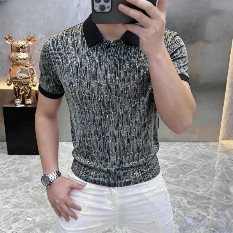 Men's gold-threaded polo collar shirt