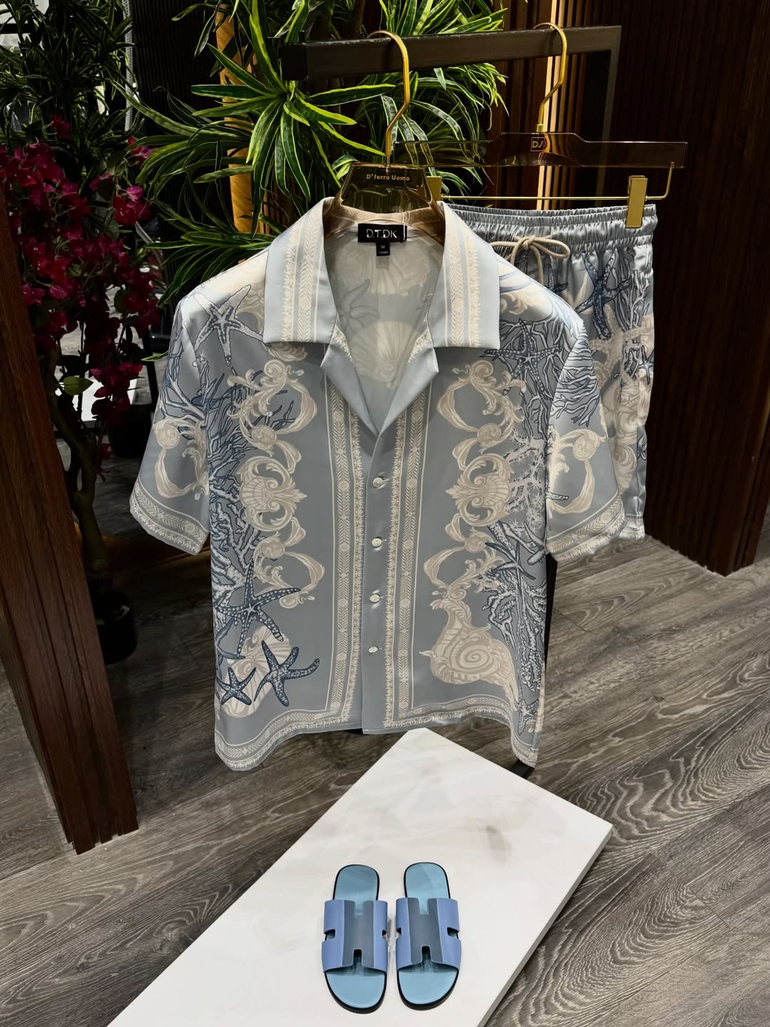 Men's Sky Blue Printed Short-Sleeve and Shorts Set