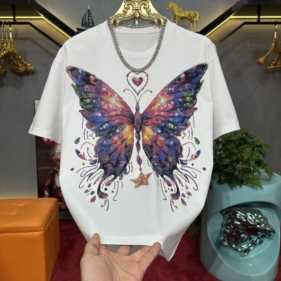 Men's butterfly rhinestone short-sleeved shirt