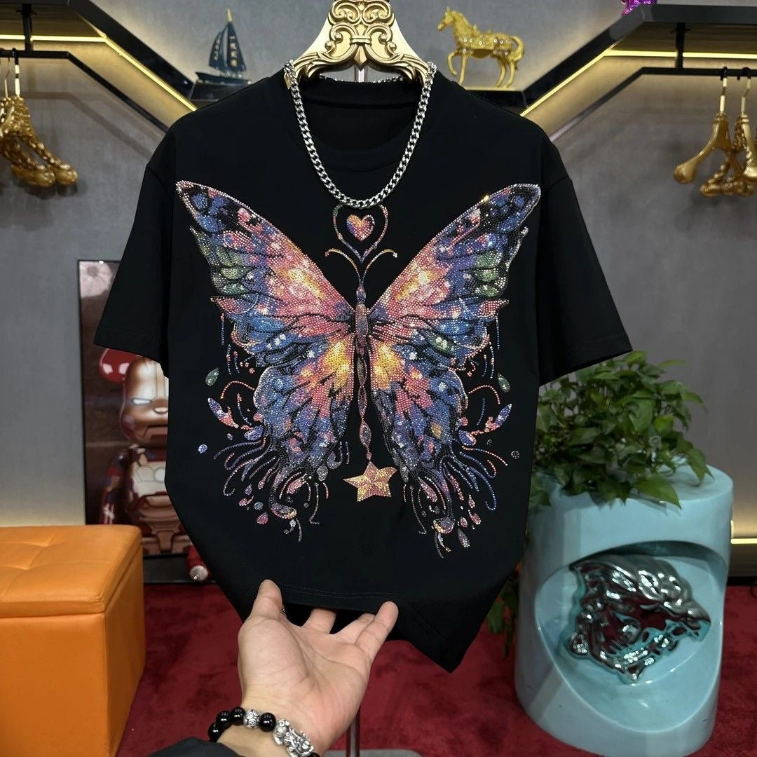 Men's butterfly rhinestone short-sleeved shirt