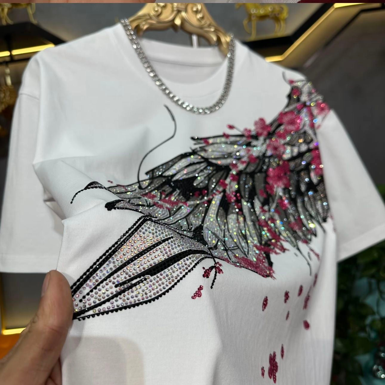 Men's Wings Cherry Blossom Rhinestone T-shirt