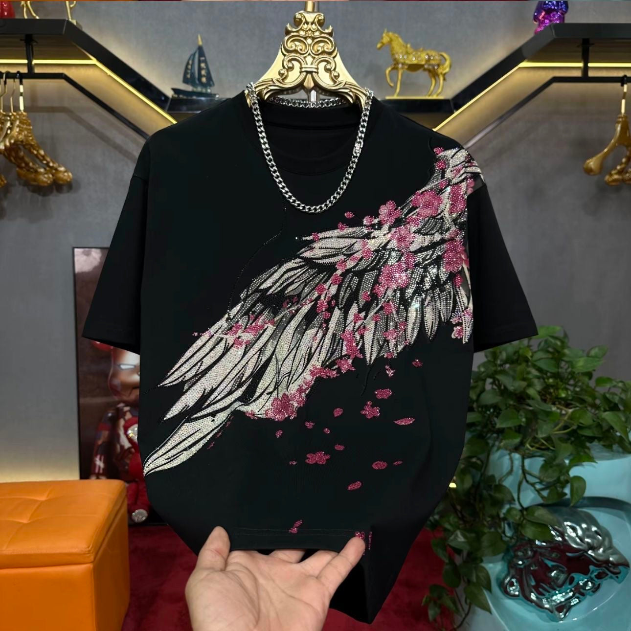Men's Wings Cherry Blossom Rhinestone T-shirt