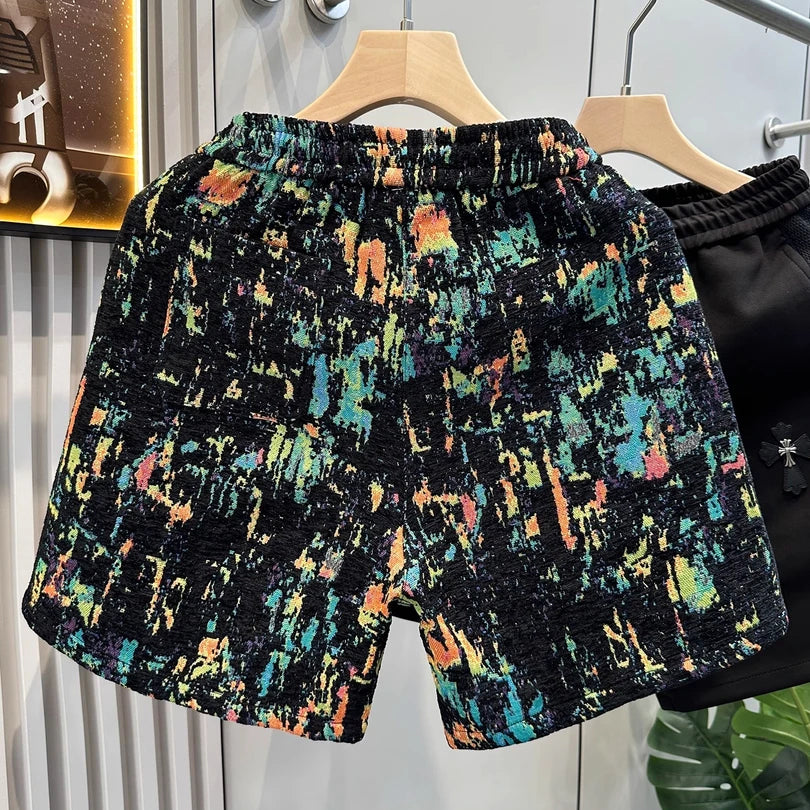 Colorful distressed jacquard shorts