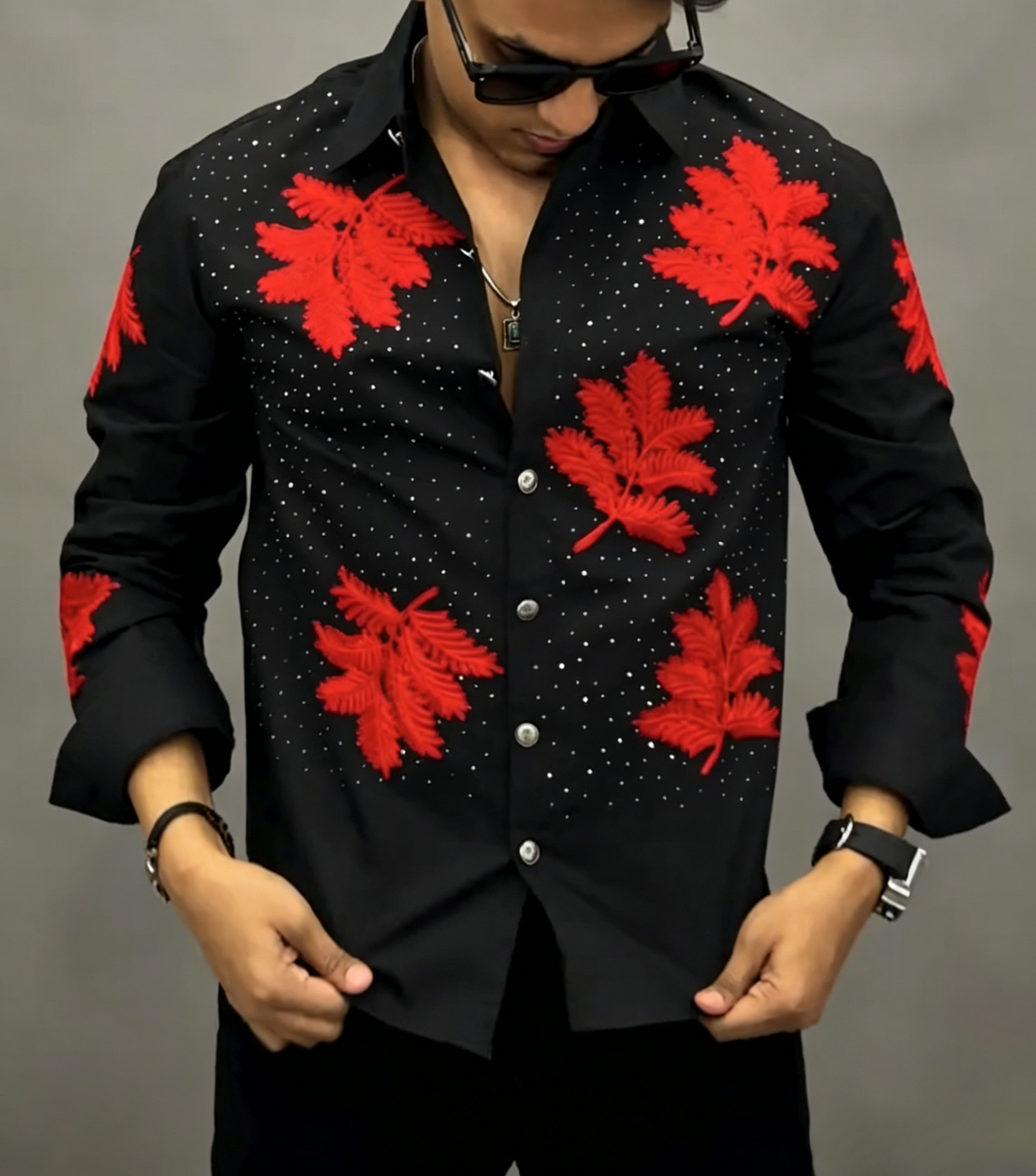 Men's rhinestone leaf shirt