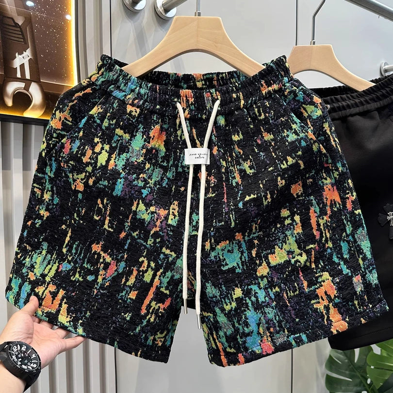 Colorful distressed jacquard shorts