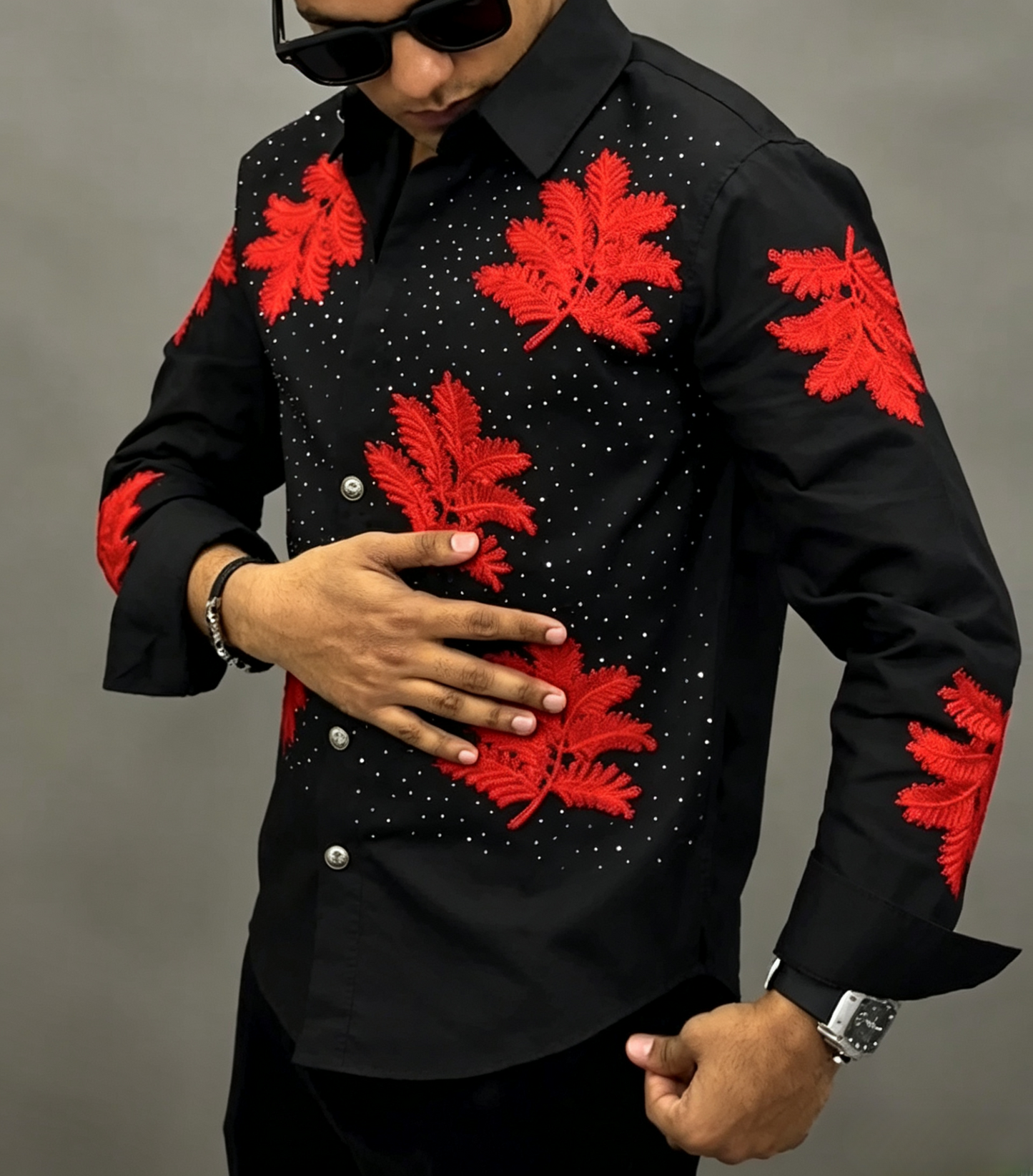 Men's rhinestone leaf shirt