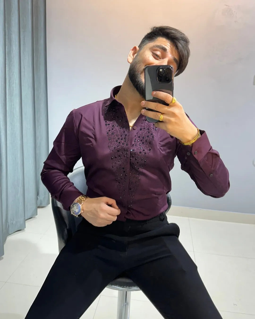Men's Rhinestone Long-Sleeved Shirt