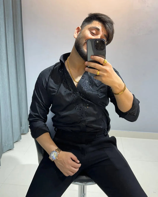 Men's Rhinestone Long-Sleeved Shirt