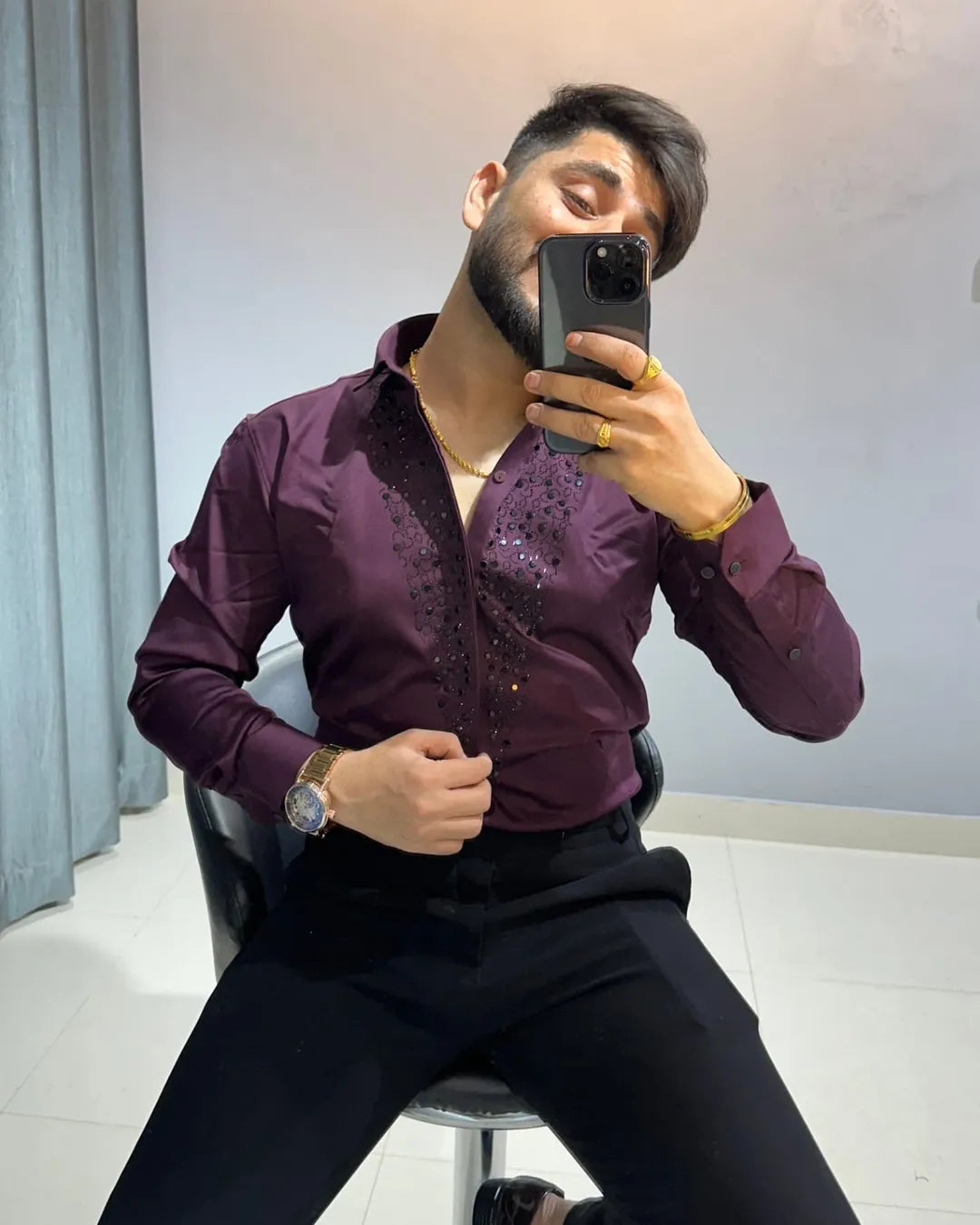 Men's Rhinestone Long-Sleeved Shirt