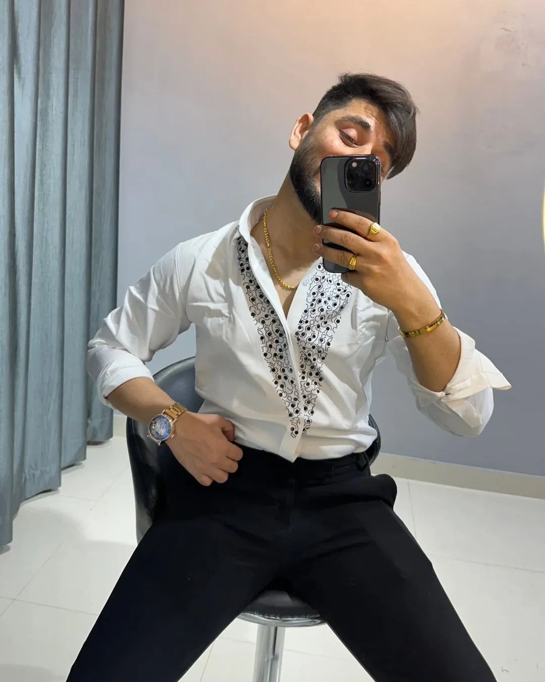 Men's Rhinestone Long-Sleeved Shirt