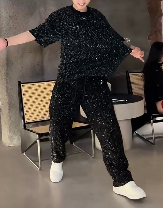 Black Sparkling Rhinestone T-shirt and Pants Set