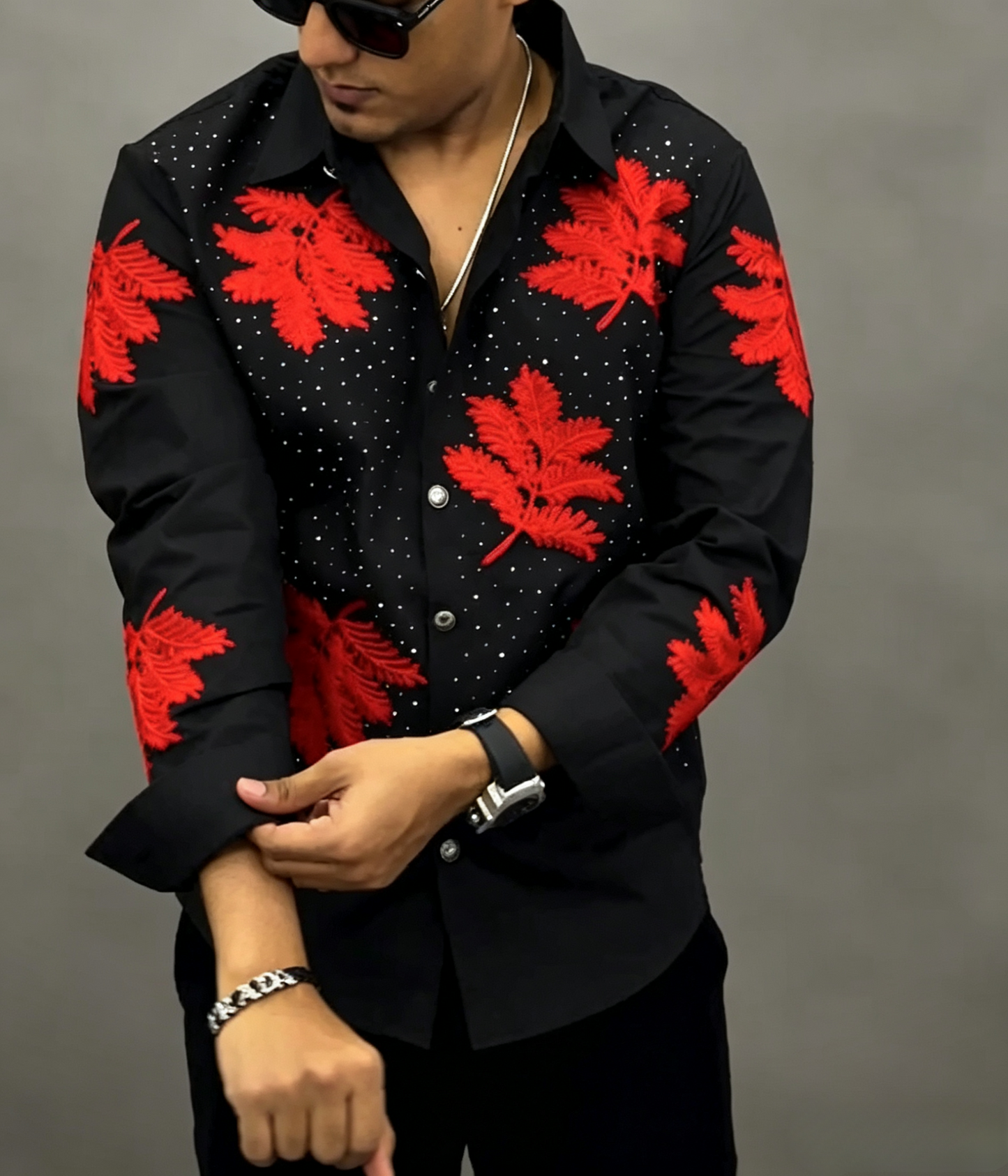 Men's rhinestone leaf shirt